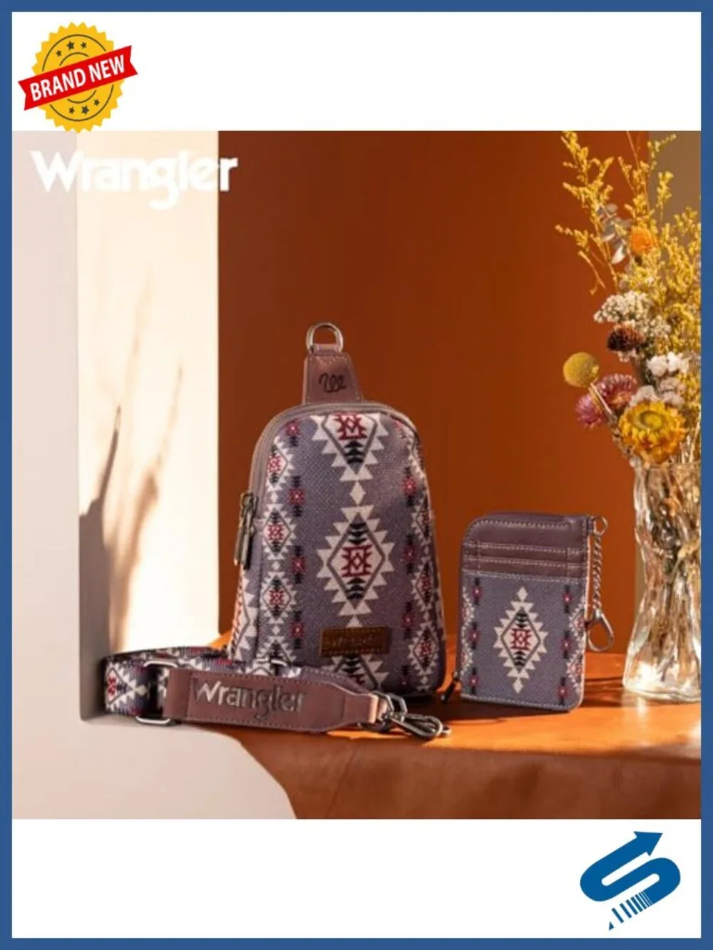 Vintage Aztec Print Crossbody Sling Bag with Wallet Set